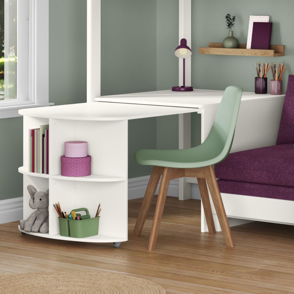 Uno S White High Sleeper with Fixed Desk, Pull Out Desk and Purple Heather Sofa Bed - Image 6