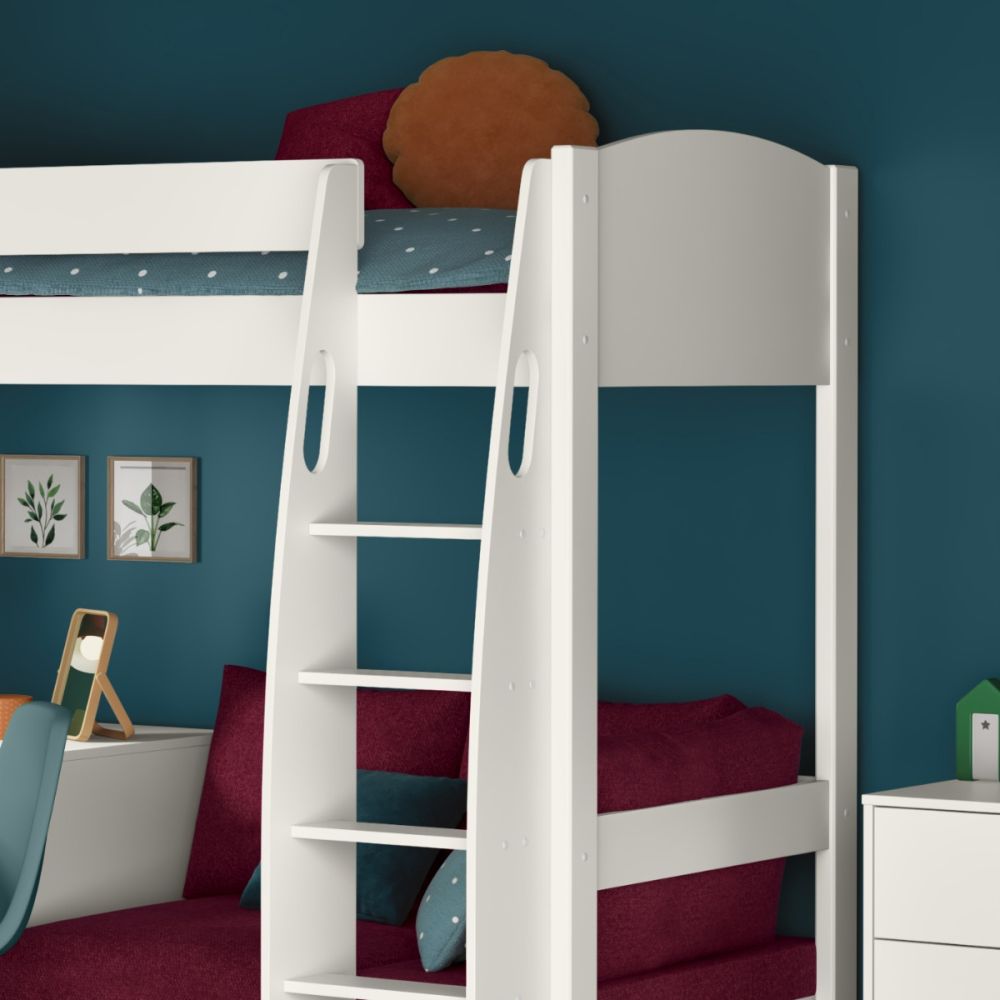 Uno S White High Sleeper with Fixed Desk, Pull Out Desk and Berry Red Sofa Bed - Image 4