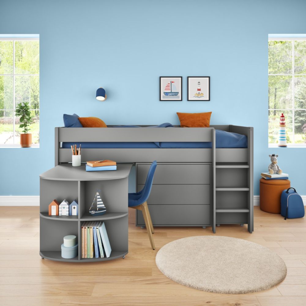 Uno Grey Mid Sleeper with Pull Out Desk, 3 Drawer Chest and Cube Unit - Image 2