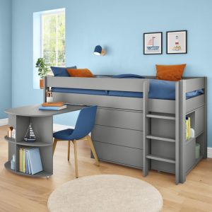 Uno Grey Mid Sleeper with Pull Out Desk, 3 Drawer Chest and Cube Unit