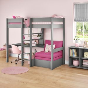 Uno Grey High Sleeper with Desk and Shelving and Pink Chair Bed - Image 3