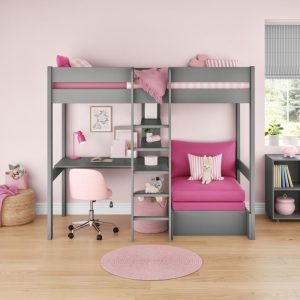 Uno Grey High Sleeper with Desk and Shelving and Pink Chair Bed - Image 4