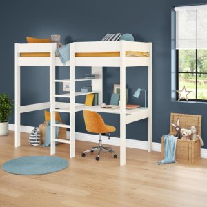 Uno White High Sleeper Bed Frame with Desk and Shelving - Image 3