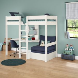 Alternative view of Uno White High Sleeper with Desk and Shelving and Blue Chair Bed