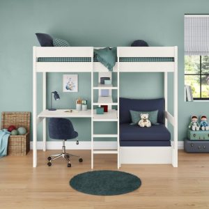 Uno White High Sleeper with Desk and Shelving and Blue Chair Bed
