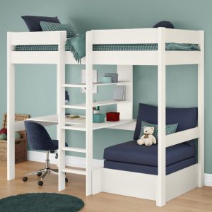 Uno White High Sleeper with Desk and Shelving and Blue Chair Bed - Image 4