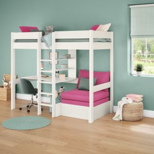 Alternative view of Uno White High Sleeper with Desk and Shelving and Pink Chair Bed