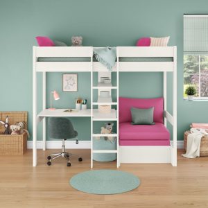 Uno White High Sleeper with Desk and Shelving and Pink Chair Bed