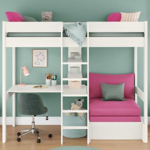 Uno White High Sleeper with Desk and Shelving and Pink Chair Bed - Image 4