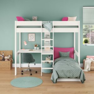 Uno White High Sleeper with Desk and Shelving and Pink Chair Bed - Image 3