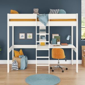 Uno White High Sleeper Bed Frame with Desk and Shelving