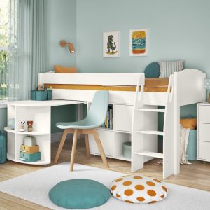 Uno S White Mid Sleeper with Pull Out Desk and Cube Unit