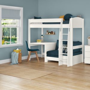 Uno S White High Sleeper with Fixed Desk and Sky Blue Sofa Bed - Image 3