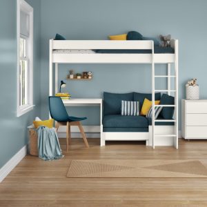 Uno S White High Sleeper with Fixed Desk and Sky Blue Sofa Bed - Image 4