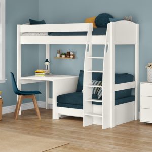 Uno S White High Sleeper with Fixed Desk and Sky Blue Sofa Bed