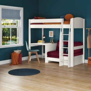 Uno S White High Sleeper with Fixed Desk and Berry Red Sofa Bed - Image 3