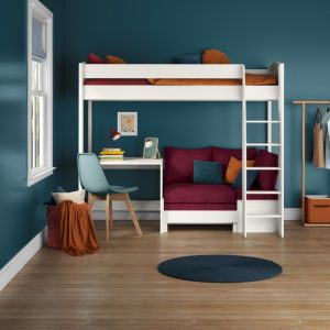 Uno S White High Sleeper with Fixed Desk and Berry Red Sofa Bed - Image 4