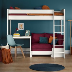 Uno S White High Sleeper with Fixed Desk and Berry Red Sofa Bed