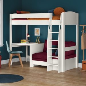 Alternative view of Uno S White High Sleeper with Fixed Desk and Berry Red Sofa Bed
