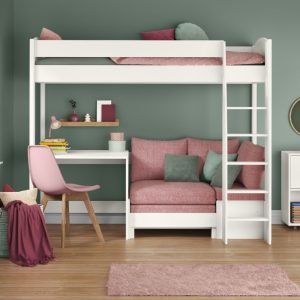 Uno S White High Sleeper with Fixed Desk and Pink Blossom Sofa Bed