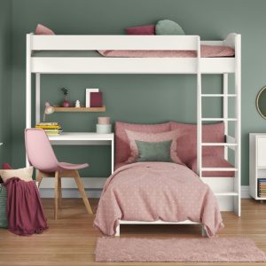 Alternative view of Uno S White High Sleeper with Fixed Desk and Pink Blossom Sofa Bed