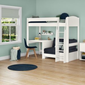 Uno S White High Sleeper with Fixed Desk and Ocean Blue Sofa Bed - Image 4