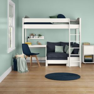 Uno S White High Sleeper with Fixed Desk and Ocean Blue Sofa Bed - Image 3