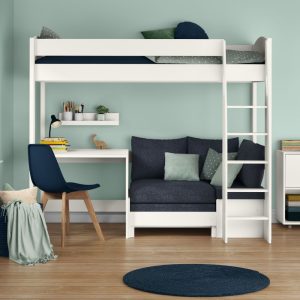 Uno S White High Sleeper with Fixed Desk and Ocean Blue Sofa Bed