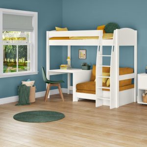 Uno S White High Sleeper with Fixed Desk and Mustard Yellow Sofa Bed - Image 3