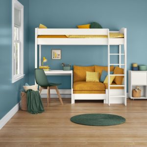Uno S White High Sleeper with Fixed Desk and Mustard Yellow Sofa Bed - Image 5