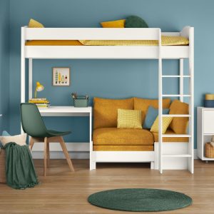 Uno S White High Sleeper with Fixed Desk and Mustard Yellow Sofa Bed