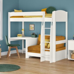 Uno S White High Sleeper with Fixed Desk and Mustard Yellow Sofa Bed - Image 4