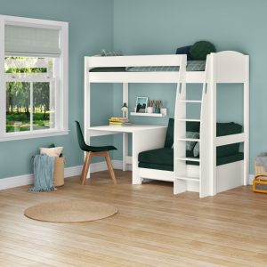 Uno S White High Sleeper with Fixed Desk and Teal Green Sofa Bed - Image 4