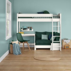 Uno S White High Sleeper with Fixed Desk and Teal Green Sofa Bed - Image 5