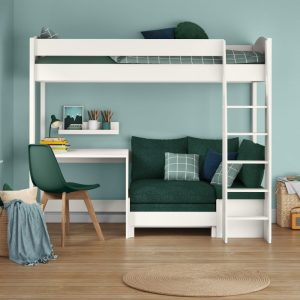 Uno S White High Sleeper with Fixed Desk and Teal Green Sofa Bed