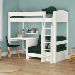 Uno S White High Sleeper with Fixed Desk and Teal Green Sofa Bed - Image 3