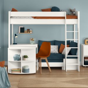 Uno S White High Sleeper with Fixed Desk, Pull Out Desk and Sky Blue Sofa Bed