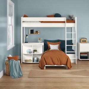 Alternative view of Uno S White High Sleeper with Fixed Desk, Pull Out Desk and Sky Blue Sofa Bed
