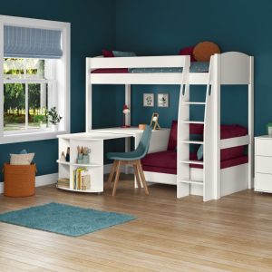 Uno S White High Sleeper with Fixed Desk, Pull Out Desk and Berry Red Sofa Bed - Image 9