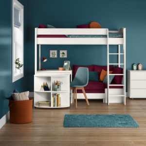 Uno S White High Sleeper with Fixed Desk, Pull Out Desk and Berry Red Sofa Bed - Image 10