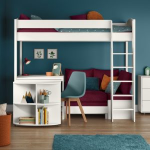 Uno S White High Sleeper with Fixed Desk, Pull Out Desk and Berry Red Sofa Bed