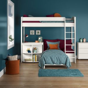 Alternative view of Uno S White High Sleeper with Fixed Desk, Pull Out Desk and Berry Red Sofa Bed