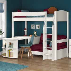 Uno S White High Sleeper with Fixed Desk, Pull Out Desk and Berry Red Sofa Bed - Image 3