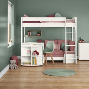 Uno S White High Sleeper with Fixed Desk, Pull Out Desk and Pink Blossom Sofa Bed - Image 4