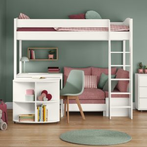 Alternative view of Uno S White High Sleeper with Fixed Desk, Pull Out Desk and Pink Blossom Sofa Bed