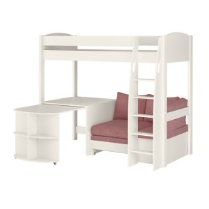 Uno S White High Sleeper with Fixed Desk, Pull Out Desk and Pink Blossom Sofa Bed - Image 8