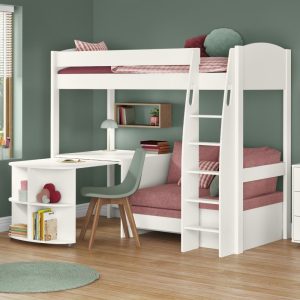 Uno S White High Sleeper with Fixed Desk, Pull Out Desk and Pink Blossom Sofa Bed