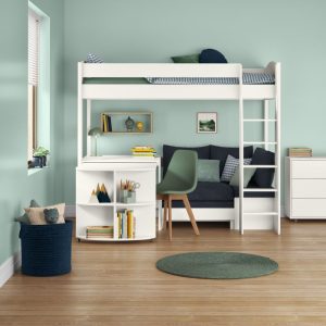 Uno S White High Sleeper with Desk, Pull Out Desk and Ocean Blue Sofa Bed - Image 9