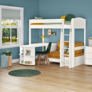 Uno S White High Sleeper with Fixed Desk, Pull Out Desk and Mustard Yellow Sofa Bed - Image 9