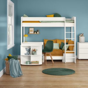 Uno S White High Sleeper with Fixed Desk, Pull Out Desk and Mustard Yellow Sofa Bed - Image 7